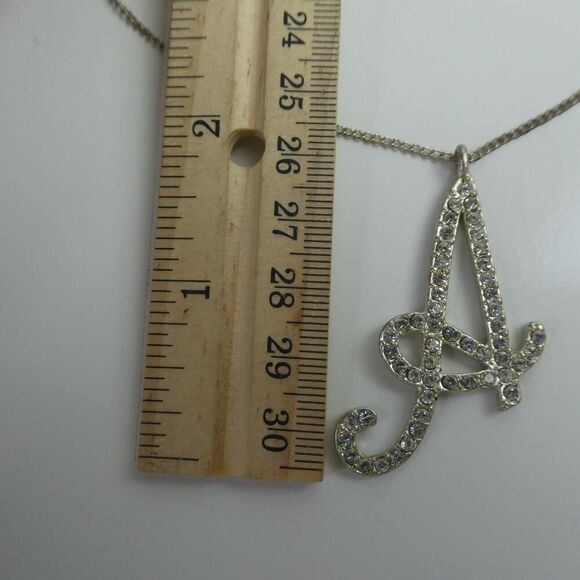 A Letter Alphabet Rhinestone Cursive Initial Name Silver Tone Pendant Necklace - Picture 3 of 9